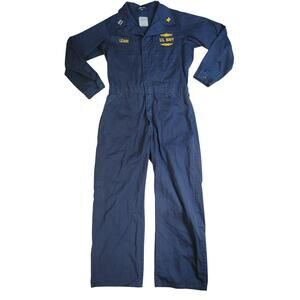Navy Blue Mens 42R Utility Coveralls Military Polycotton Blend Patches Workwear